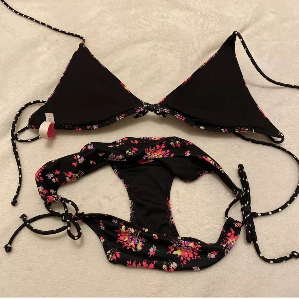 Victoria's Secret Black and Pink Floral Polka Dot Bikini